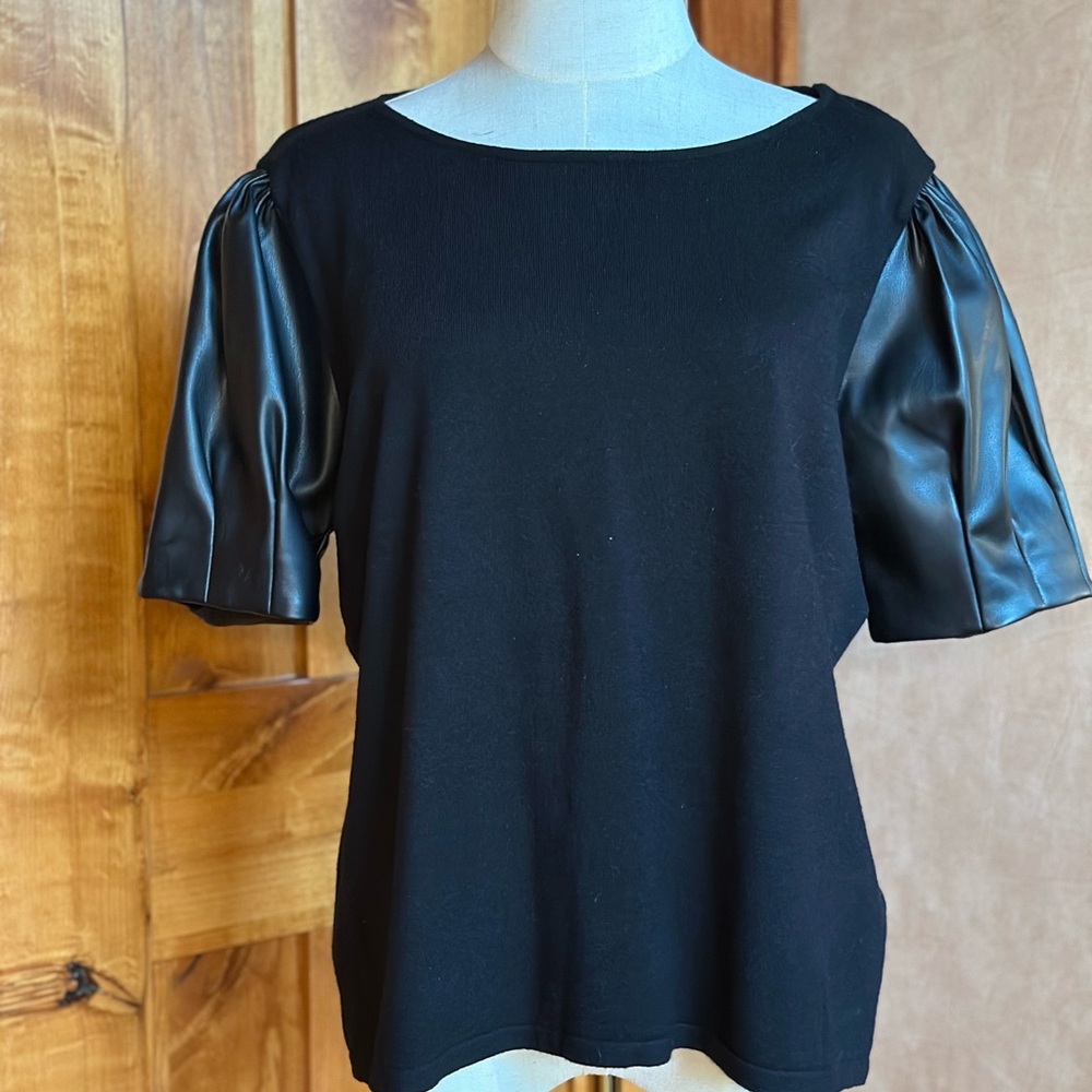 Women's Black Puff Sleeve Top with Faux Leather Detail